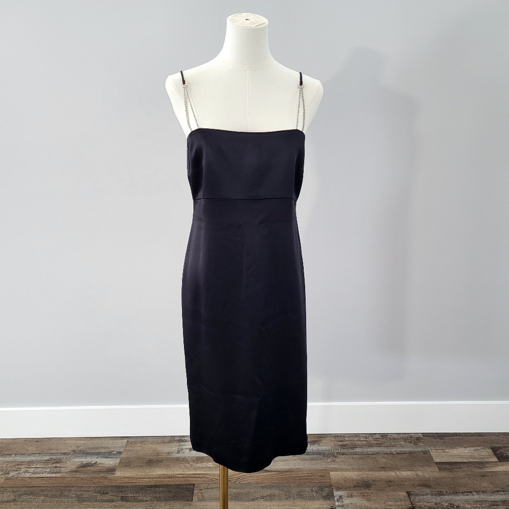 Y2K Black Rhinestone Strap Midi Dress LBD Slip Cocktail Size 4